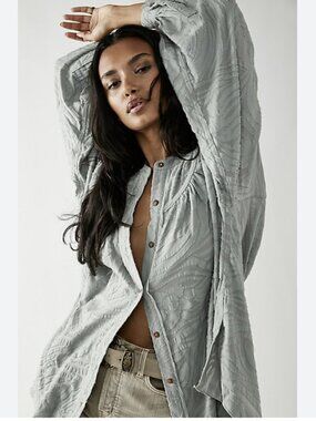 Free People Can't Stop Dreaming Tunic Top Oversized Seagrass Button Up Jacquard